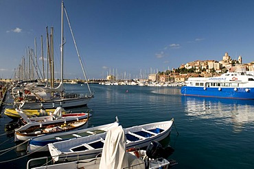 Port in front of historic town, Porto Maurizio, Imperia, Riviera, Liguria, Italy, Europe