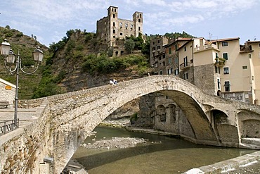 Arch bridge and Castello Doria, mountain village Dolceacqua in the Nervia Valley, Riviera, Liguria, Italy, Europe