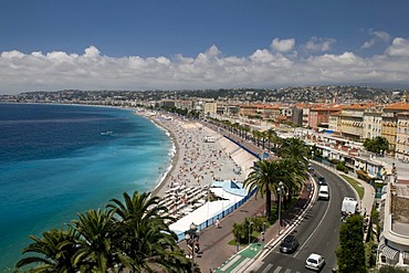 View of Nice and the beach, from the castle mountain Colline du Chateau, Nice, Cote d'Azur, Provence, France, Europe