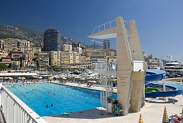 Outdoor pool and view of Monte Carlo, Monaco, Cote d'Azur, Europe