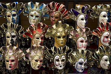 Masks at a stall on the Ponte Vecchio, Florence, Tuscany, Italy, Europe