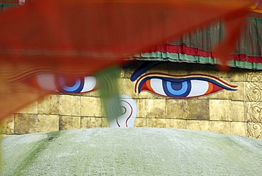 The all-seeing eyes of Buddha, Stupa of Bodhnath, Kathmandu, Nepal, Asia