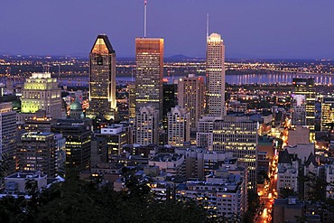 Dusk, sunset view from Mont Royal over downtown Montreal, Quebec, Canada, North America