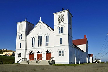 Historic wooden church of Bassin, Ile du Havre Aubert, Iles de la Madeleine, Magdalen Islands, Quebec Maritime, Canada, North America