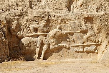 Sassanid relief at the Achaemenid burial site Naqsh-e Rostam, Rustam near the archeological site of Persepolis, UNESCO World Heritage Site, Persia, Iran, Asia