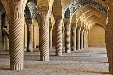 Shabestan Pillars in the prayer hall of Vakil Mosque, Shiraz, Fars, Persia, Iran, Asia