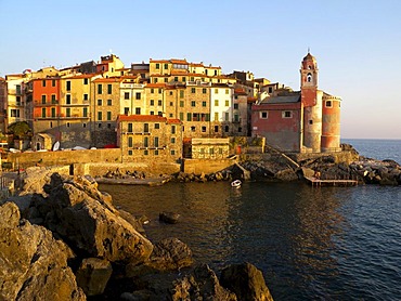 View on Tellaro on the sea, church, port, Tellaro, Riviera, Liguria, Italy, Europe