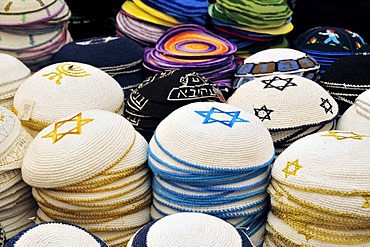 Caps with the Star of David in a shop on the Mahan-Yehuda Market, Jerusalem, Israel, Middle East, Orient