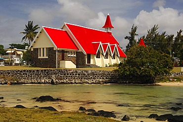 Picturesque Catholic church with a red roof in Cap Malheureux, Mauritius, Africa