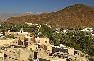 View of the city of Bahla at the foot of the Jebel Akhda Highlands, Sultanate of Oman, Middle East