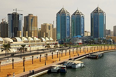 View over the Khalid Lagoon on the Crystal Plaza at the Buhairah Corniche Road in Sharjah, the Emirate of Sharjah, United Arab Emirates, Middle East