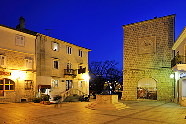 Forum Square at night in the city of Krk, Croatia, Europe