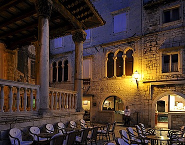 Cathedral Square with city loggia at night, Trogir, Croatia, Europe