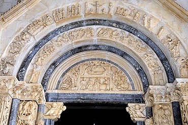 Detail of the Romanesque portal of the Cathedral of St. Lawrence in Trogir, Croatia, Europe