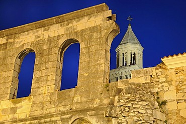 Eastern gate, Porta argentea, at night, Split, Croatia, Europe