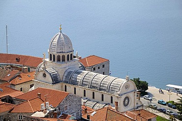 Overlooking the historic town centre and the Cathedral of St. James in Sibenik, Croatia, Europe