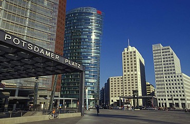 High-rise buildings at Potsdamer Platz, with metro station Potsdamer Platz, the Chrysler Building, the Sony Center, DB Tower and Beisheim Center with Ritz Carlton Hotel, Berlin Tiergarten, Berlin, Germany, Europe