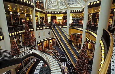 Quartier 206 shopping mall, interior with Christmas tree, luxury shopping at Christmas time, Friedrichstrasse, Mitte district, Berlin, Germany, Europe