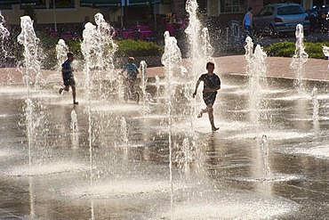 Playful fountains on Lower Market Square, Freudenstadt, Black Forest, Baden-Wuerttemberg, Germany, Europe