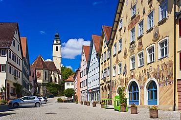 Market square with town hall with the Horber Bilderbogen mural and Stiftskirche collegiate church, Horb am Neckar, Black Forest, Baden-Wuerttemberg, Germany, Europe