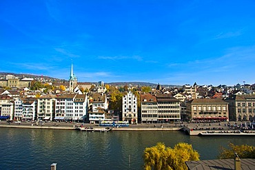 Limmat River, historic town, Predigerkirche church, Zurich, Switzerland, Europe