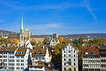 Limmat River, historic town, Predigerkirche church, Zurich, Switzerland, Europe