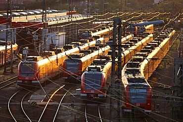 S-Bahn trains, local trains on standby on tracks in front of the station, Essen, North Rhine-Westphalia, Germany, Europe