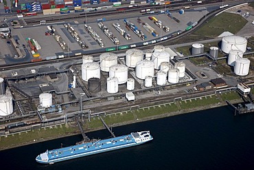 Duisport, port and logistics center, Ruhrort inland port on the Rhine river, largest inland port in the world, tank farm on the Oelinsel island, Duisburg, North Rhine-Westphalia, Germany, Europe