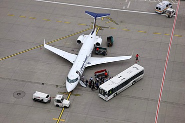 Duesseldorf International Airport, Lufthansa Regional plane on the tarmac, boarding passengers, Bombardier CRJ200, Duesseldorf, North Rhine-Westphalia, Germany, Europe