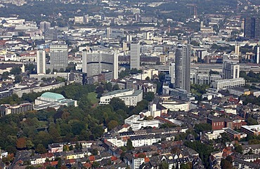 City of Essen, Philharmonie opera house, bottom left, Aalto Theater, RWE Tower administrative building, right, Essen, North Rhine-Westphalia, Germany, Europe