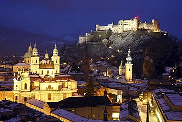 Old town with the Kollegienkirche church, the cathedral and Festung Hohensalzburg fortress, at night, winter, Salzburg, Austria, Europe