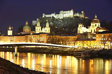 Old town with Kollegienkirche church, the Salzburger Dom cathedral and Festung Hohensalzburg fortress, Salzach river, at night, winter, Salzburg, Austria, Europe