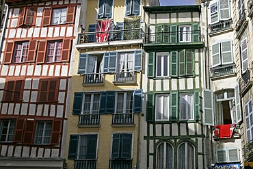 Quarter timbered buildings with shuttered windows, Bayonne, Aquitaine, France, Europe