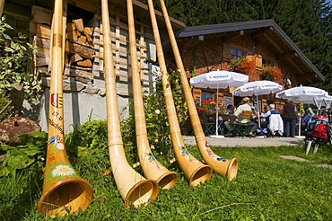 Alphorns at Max's Huette alpine hut at Mittelberg, Kleinwalsertal, Allgaeu, Vorarlberg, Austria, Europe