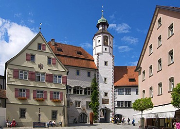 Town hall tower in the old town of Wangen im Algaeu, Baden-Wuerttemberg, Germany, Europe