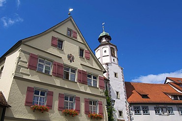 Town hall tower in the old town of Wangen im Allgaeu, Upper Swabia, Allgaeu, Baden-Wuerttemberg, Germany, Europe