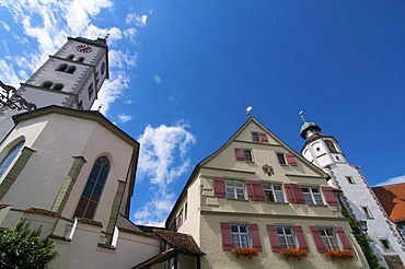Church and town hall tower in Wangen im Allgaeu, Upper Swabia, Allgaeu, Baden-Wuerttemberg, Germany, Europe
