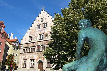 Old town hall and statue on the Lindavia-Brunnen fountain, Lindau, Bavaria, Germany, Europe