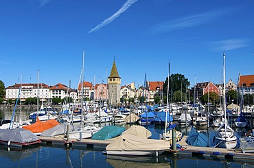 Harbour and Mangturm tower in Lindau, Lake Constance, Bavaria, Germany, Europe