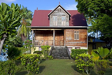 Wooden house by Eustache Sarde, built in the early 20th century, protected because of the typical construction, La Digue Island, Seychelles, Africa, Indian Ocean