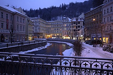 Carlsbad, Karlovy Vary, with Grand Hotel PUPP at night, Czech Republic, Europe