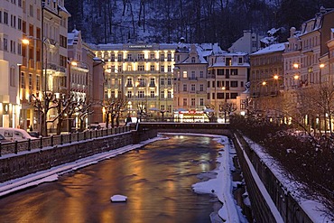 Carlsbad, Karlovy Vary, with Grand Hotel PUPP at night, Czech Republic, Europe