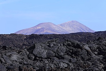 Sea of lava in Timanfaya National Park, Lanzarote, Caldera Blanca at back, Canary Islands, Spain, Europe