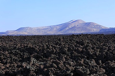 Sea of lava in Timanfaya National Park, Caldera Blanca at back, Lanzarote, Canary Islands, Canary Islands, Spain, Europe