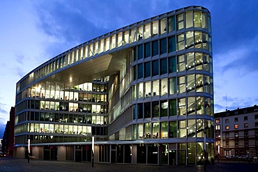 Office building next to the Westhafen Tower skyscraper of the OFB designed by the architects Schneider + Schumacher and OFB project development GmbH, won the German Urban Development Prize 2004, Westhafenplatz, Frankfurt am Main, Hesse, Germany, Europe