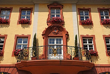 Decorative balcony of the Altes Buergerhaus building from 1775, marketplace, Endingen am Kaiserstuhl, Baden-Wuerttemberg, Germany, Europe