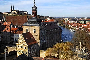 View from the tower of Geyerswoerth Schloss Geyerswoerth castle, Geyerswoerthstrasse 1, on the city, in the left back the St. Michael church and in front the old town hall, Bamberg, Upper Franconia, Bavaria, Germany, Europe