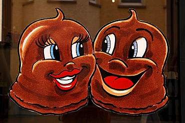 Two comic chocolate cream cakes in a bakery, Schwerin, Mecklenburg-Western Pomerania, Germany, Europe