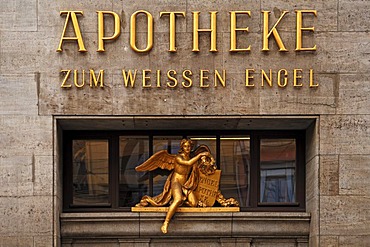 Gold-plated angel figurine and writing of the pharmacy "ZUM WEIssEN ENGEL", THE WHITE ANGEL, Hauptplatz 29, Halle Saale, Saxony-Anhalt, Germany, Europe