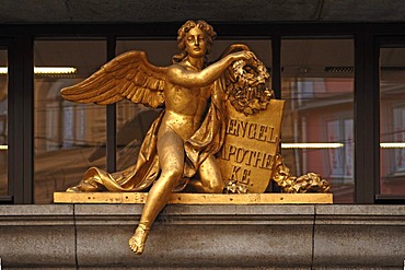 Gold-plated angel figurine and writing of the pharmacy "ZUM WEIssEN ENGEL", THE WHITE ANGEL, Hauptplatz 29, Halle Saale, Saxony-Anhalt, Germany, Europe